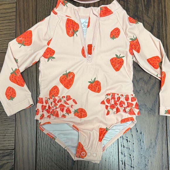 Carter's Pink Strawberry Print Swimsuit, Hat Included - Picture 2 of 9